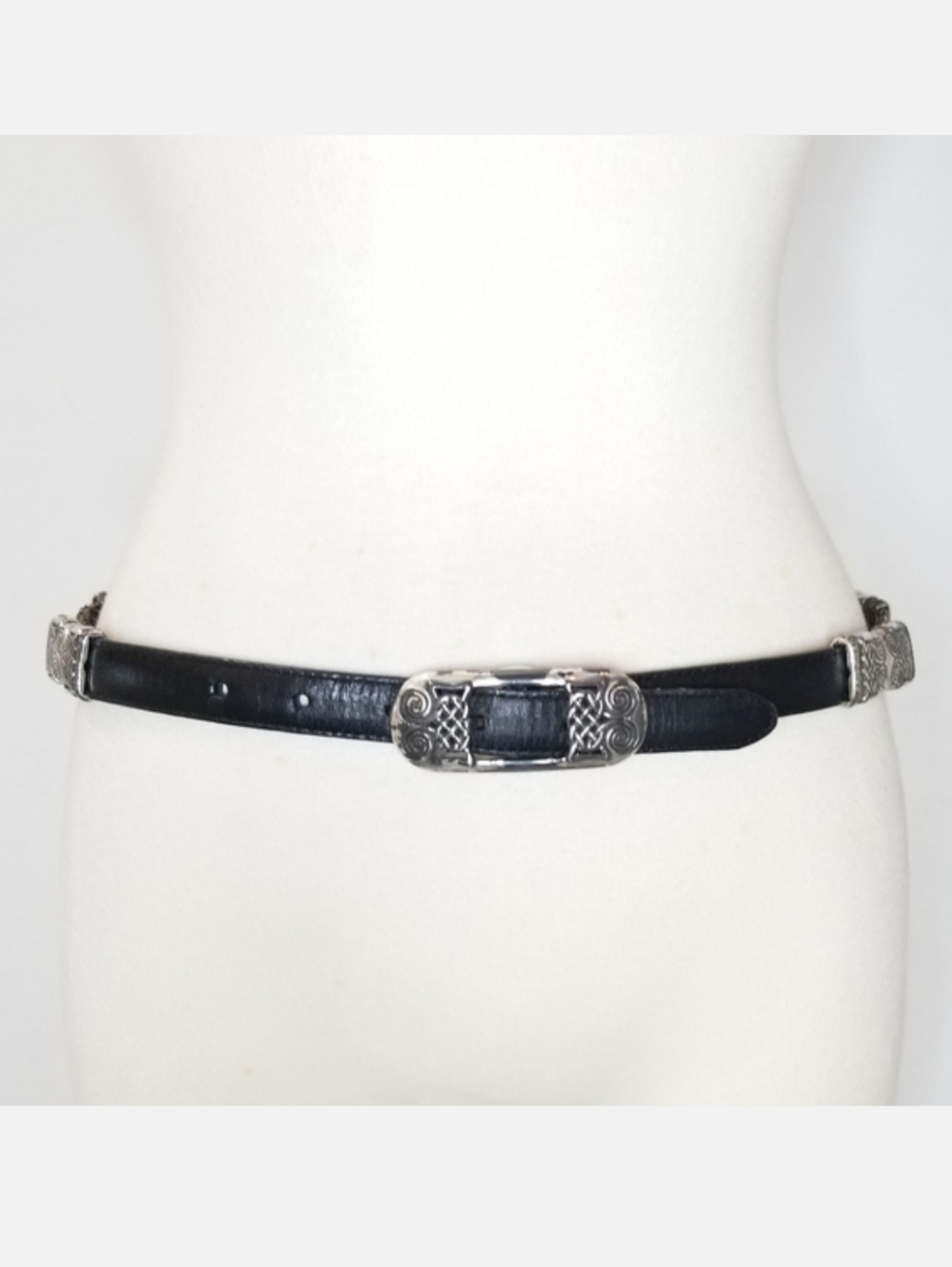 Vintage Black/Brown Reversible Leather Belt Mesh & Etched Brass Sz 30/M